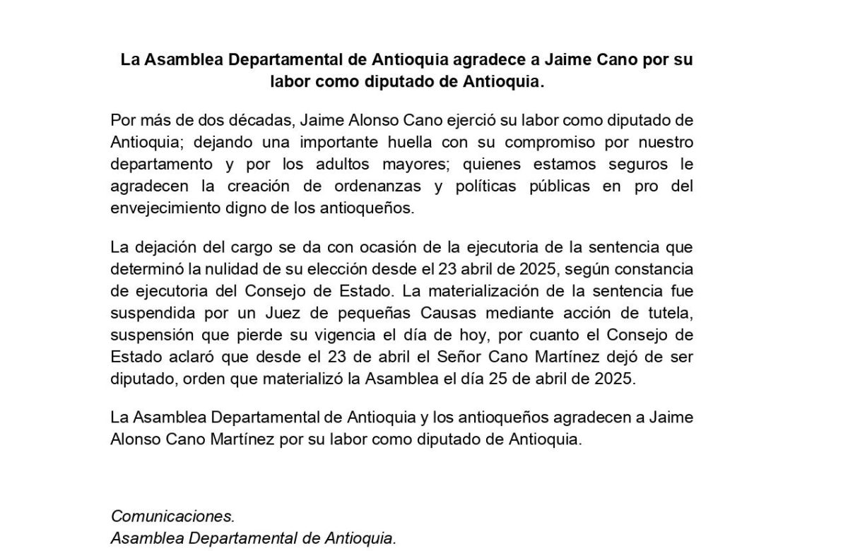 La “jugadita” de Jaime Cano buscando no salir por la puerta de atrás de la Asamblea de Antioquia