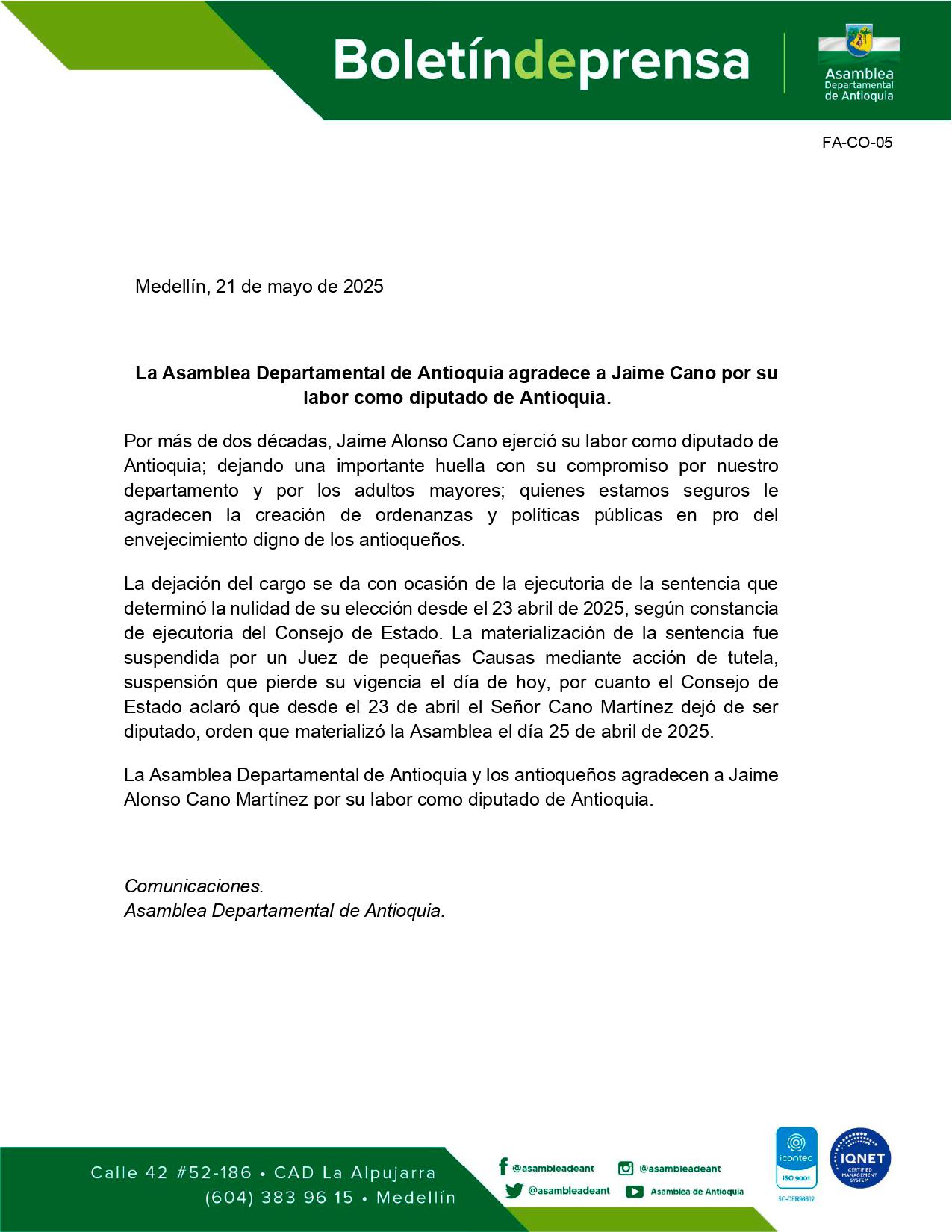 La “jugadita” de Jaime Cano buscando no salir por la puerta de atrás de la Asamblea de Antioquia