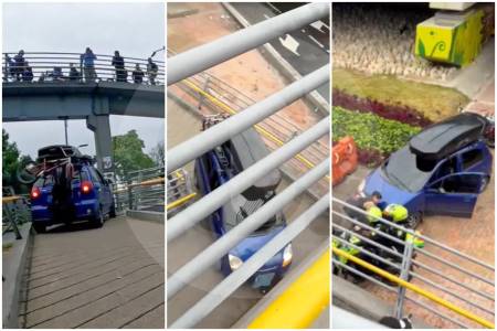 Video | Maniobra insólita en Bogotá: intentaron subir un carro por un puente peatonal